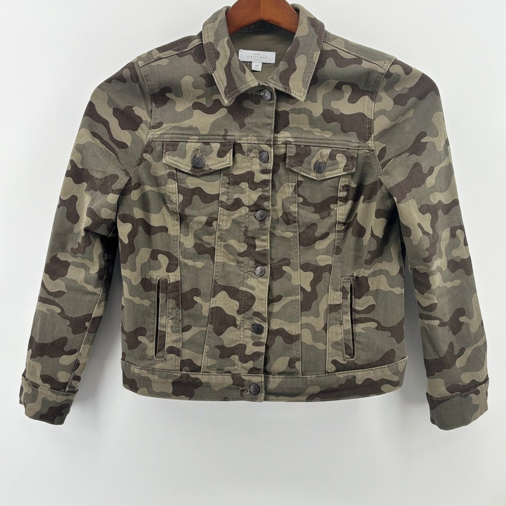 New Directions Womens Camo Print Denim Trucker Jacket Green Brown Size M